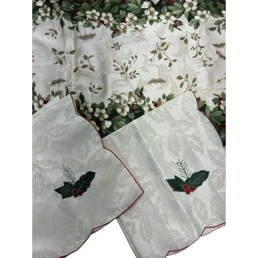 Vintage Christmas Holiday Green Cream Holly Floral Jacquard Table Runner+Napkins